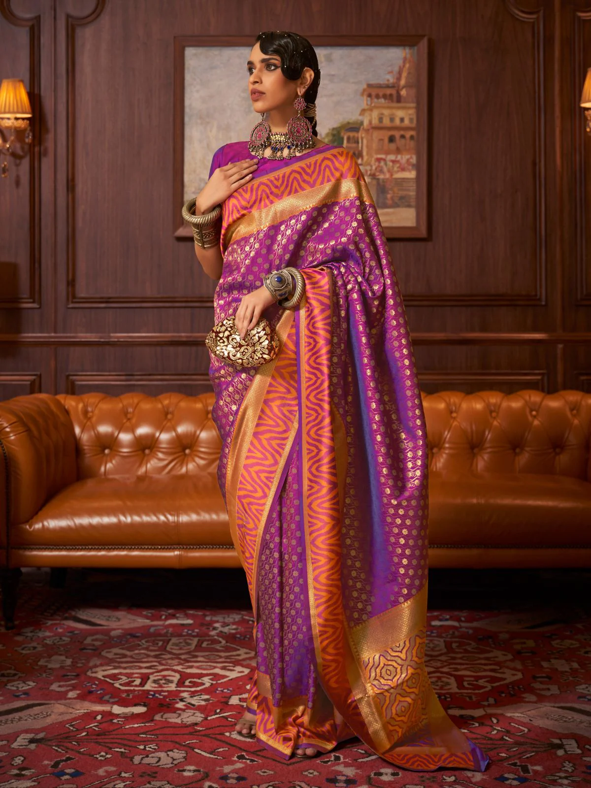Odette Purple And Gold Woven Design Silk Blend Saree With Unstitched Blouse For Women