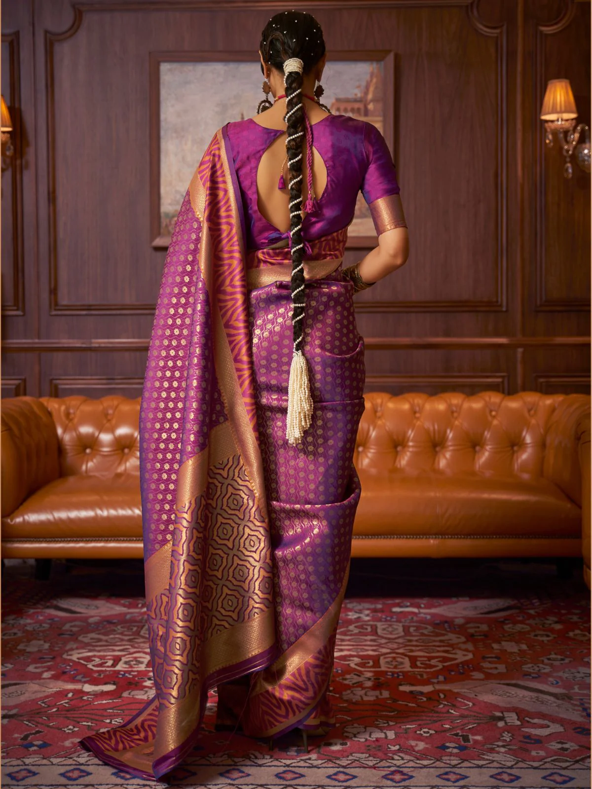Odette Purple And Gold Woven Design Silk Blend Saree With Unstitched Blouse For Women - Image 3