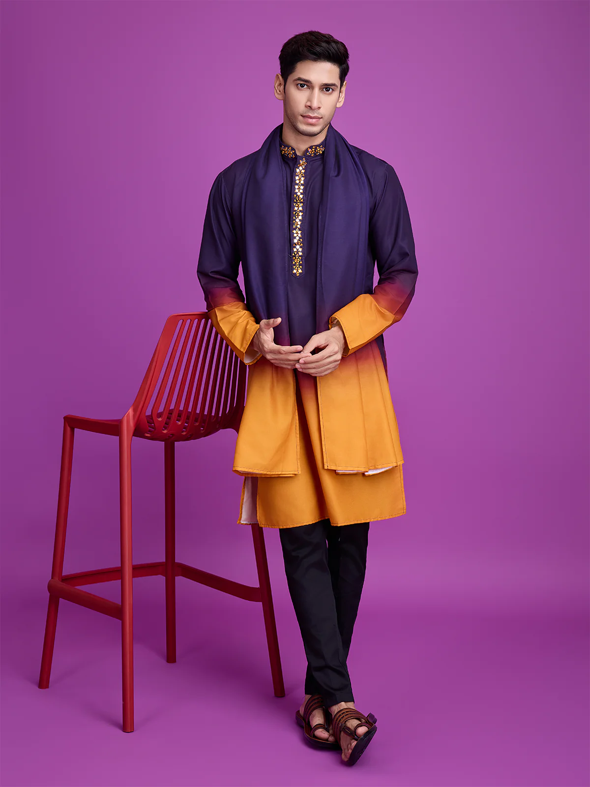 Odette Purple And Mustard Ombre Rayon Kurta With Dupatta For Men