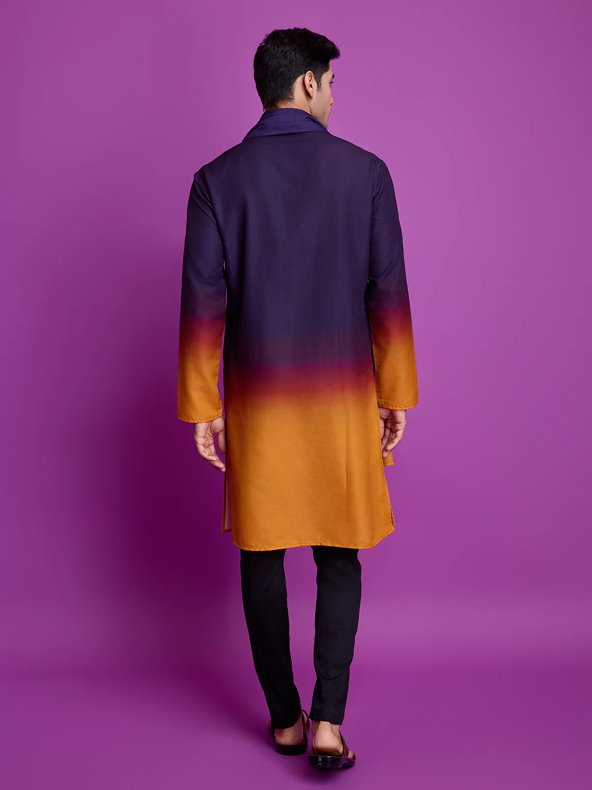 Odette Purple And Mustard Ombre Rayon Kurta With Dupatta For Men - Image 4
