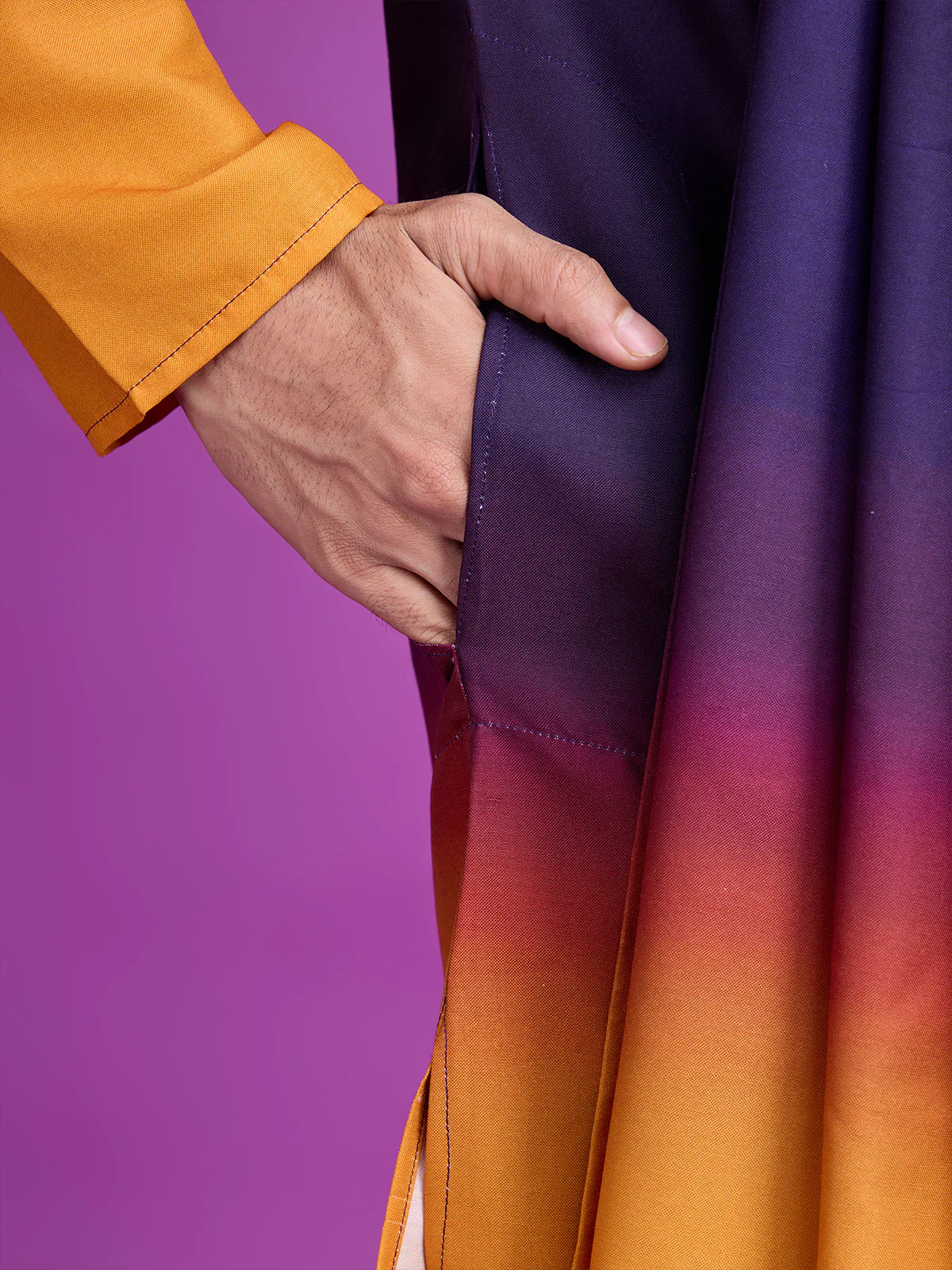 Odette Purple And Mustard Ombre Rayon Kurta With Dupatta For Men - Image 7