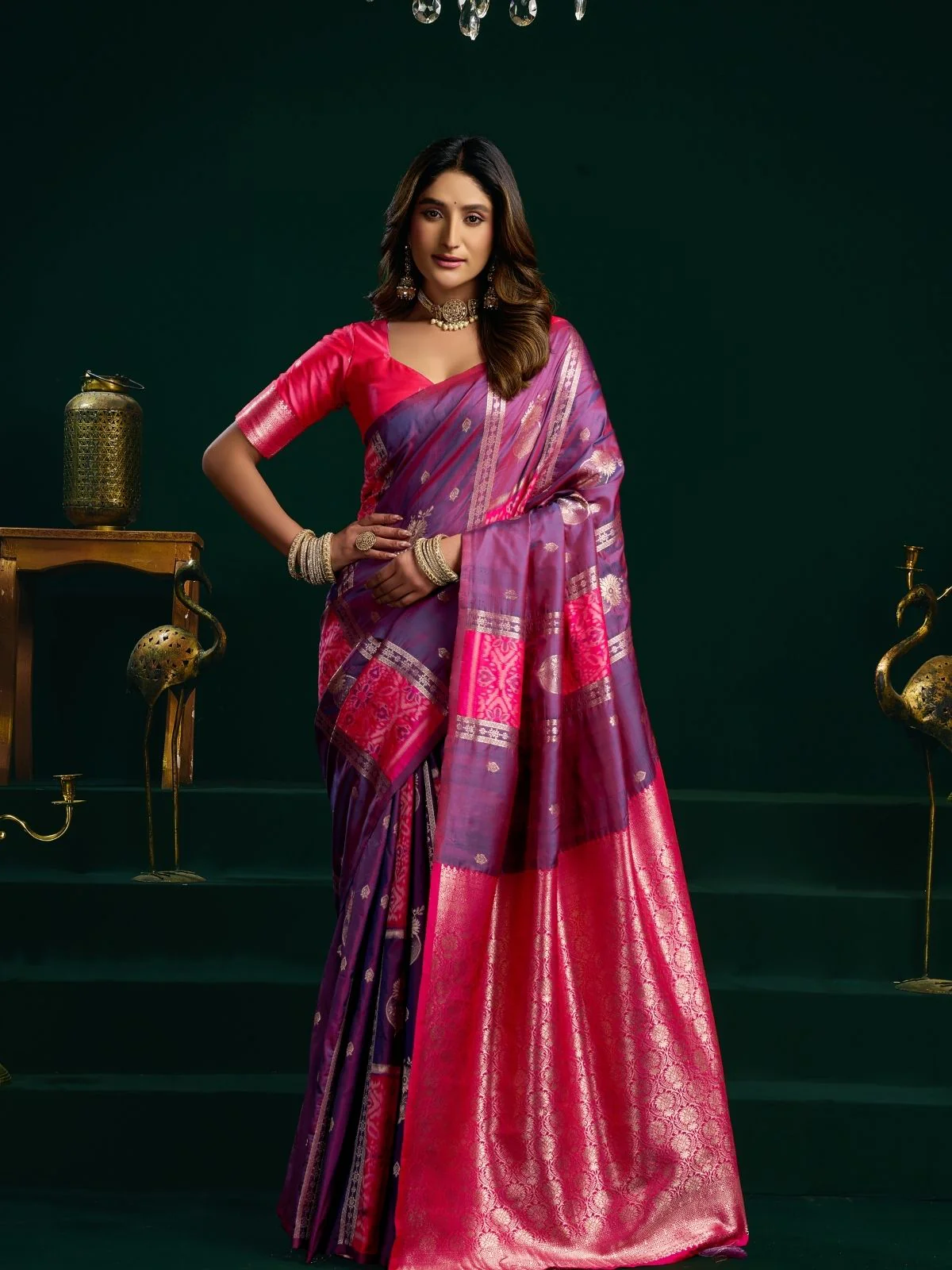 Odette Purple and Pink Silk Blend Woven Saree For Women