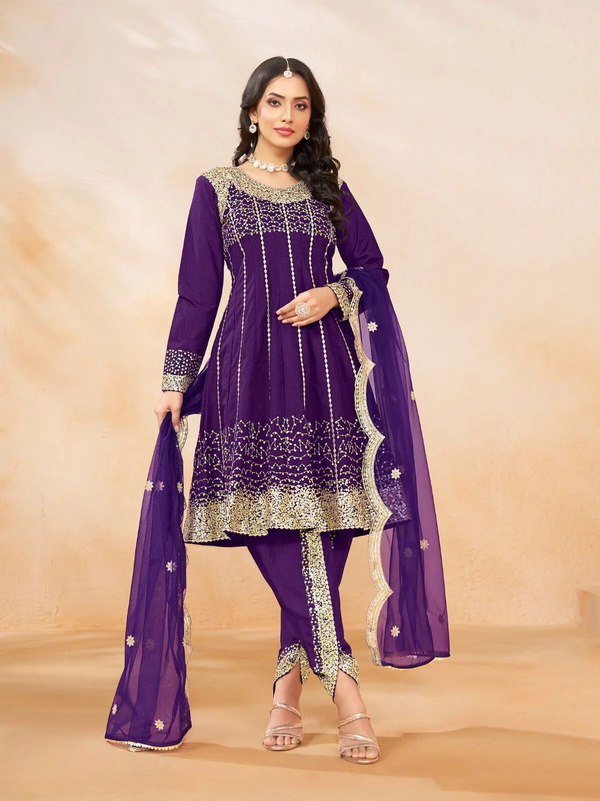 Odette Purple Art Silk Embellished Semi Stitched Kurta Set For Women - Image 2