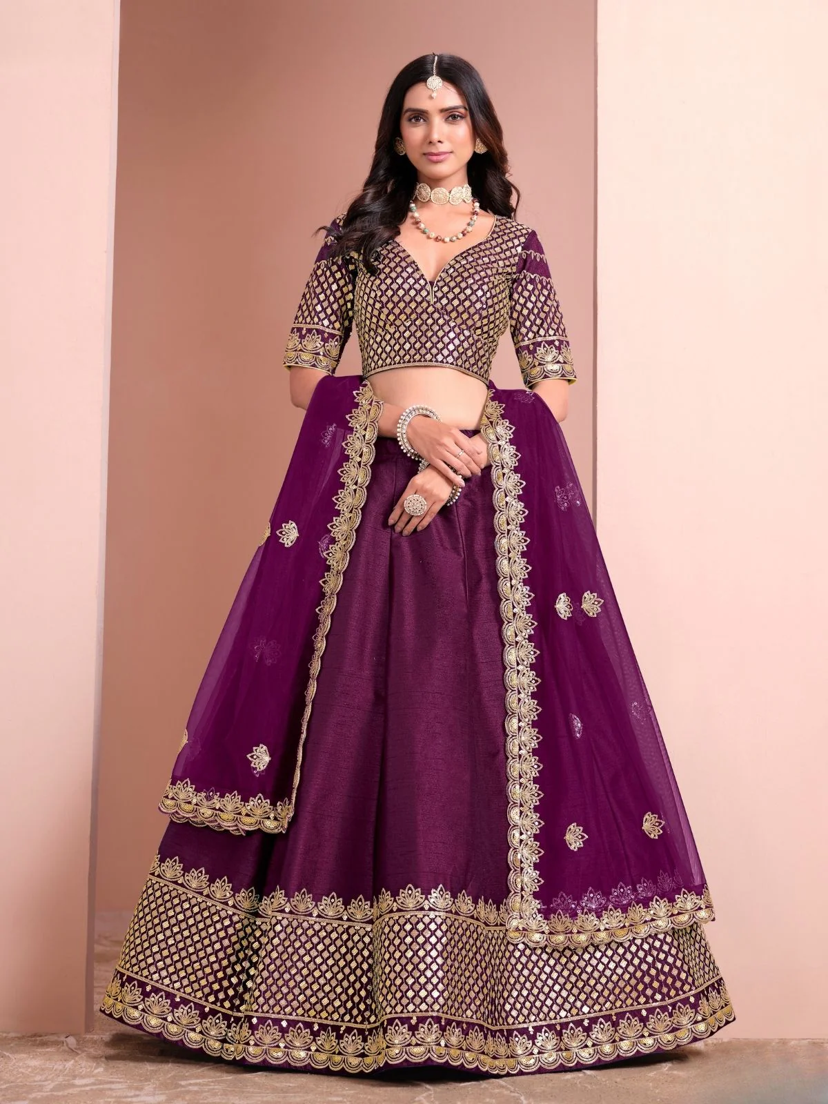 Odette Purple Art Silk Embellished Semi-Stitched lehenga For Women - Image 2