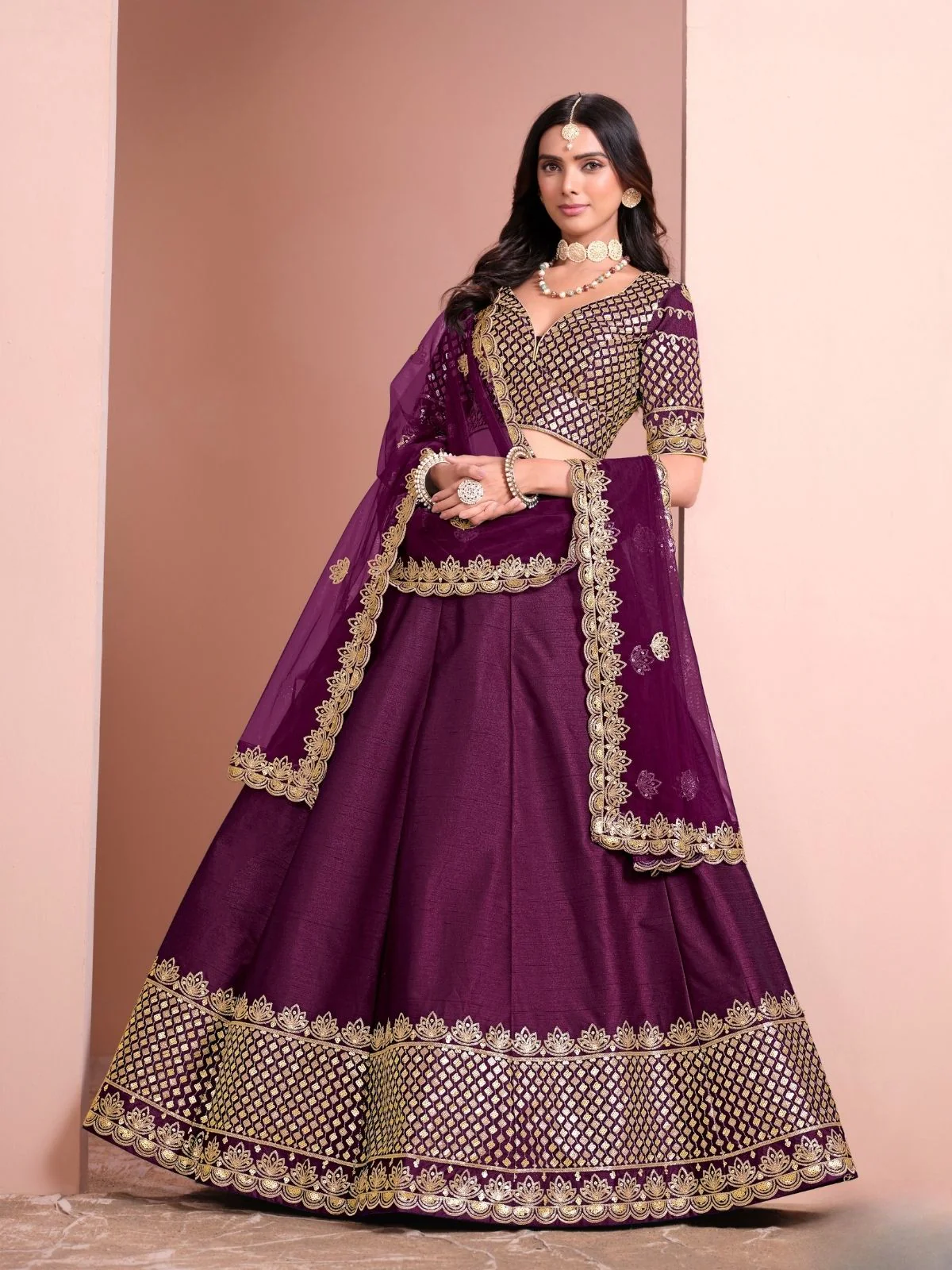 Odette Purple Art Silk Embellished Semi-Stitched lehenga For Women - Image 3