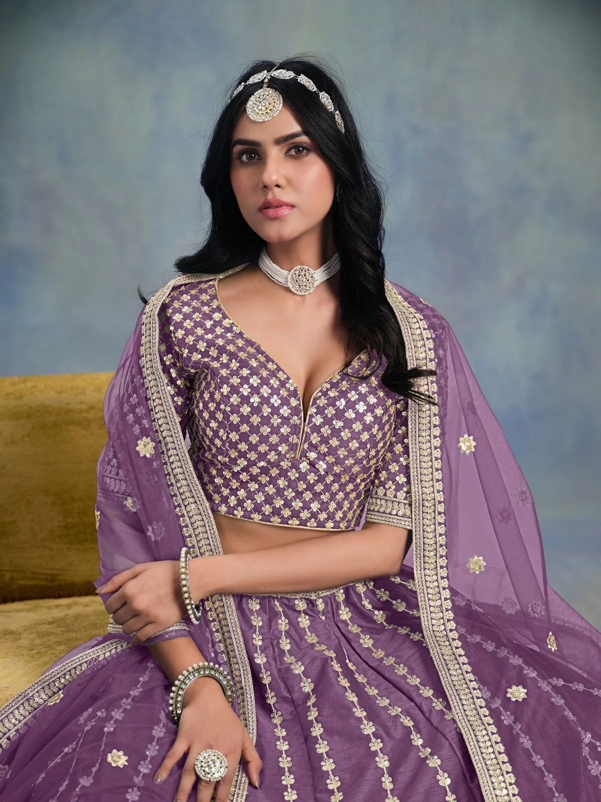 Odette Purple Art Silk Embellished Semi-Stitched lehenga For Women - Image 3