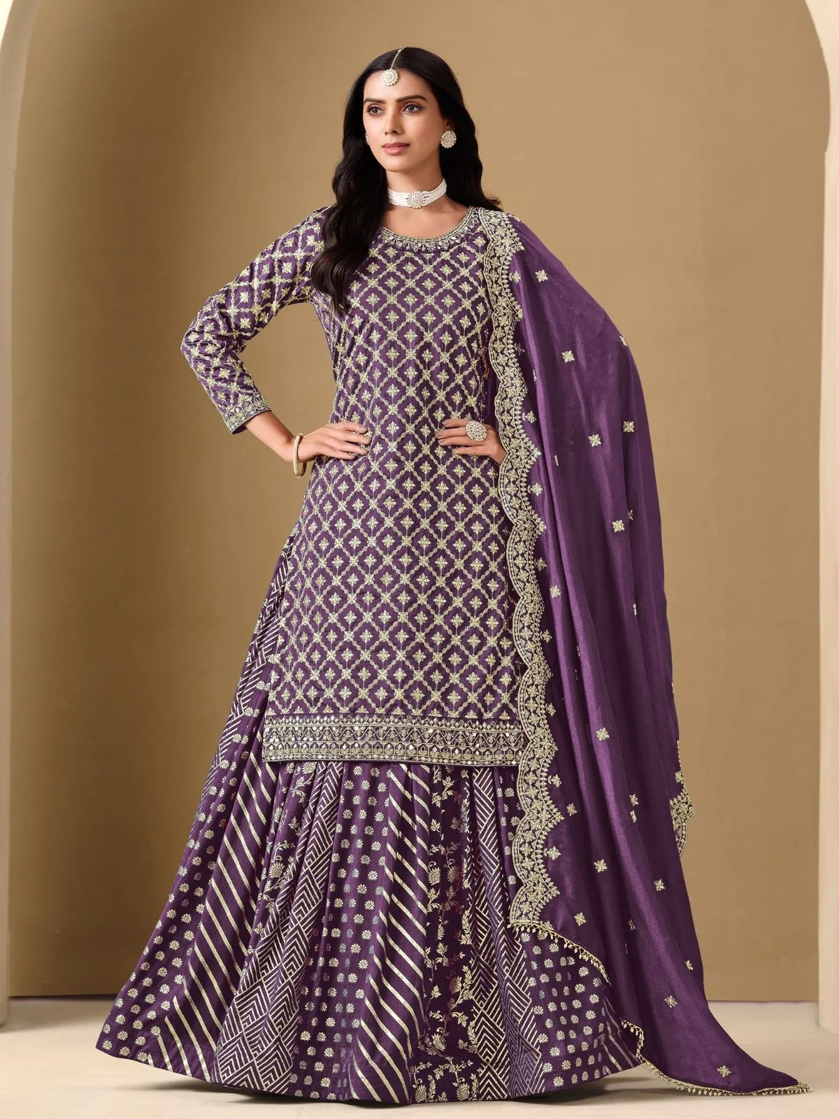 Odette Purple Art Silk Embroidered Semi-Stiched Kurta Set For Women - Image 2