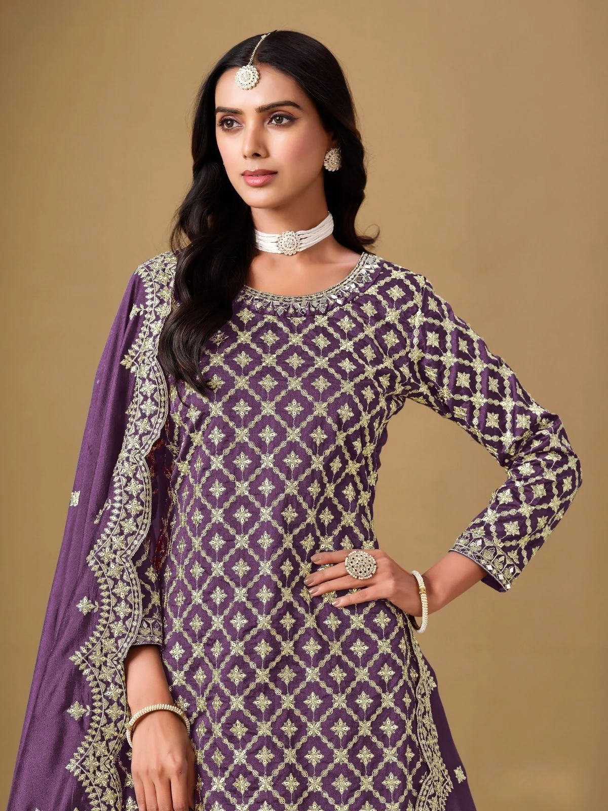 Odette Purple Art Silk Embroidered Semi-Stiched Kurta Set For Women - Image 3
