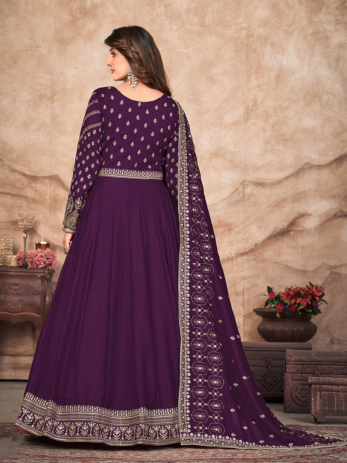 Odette Purple Art Silk Embroidered Semi stitched Kurta Set For Women - Image 2