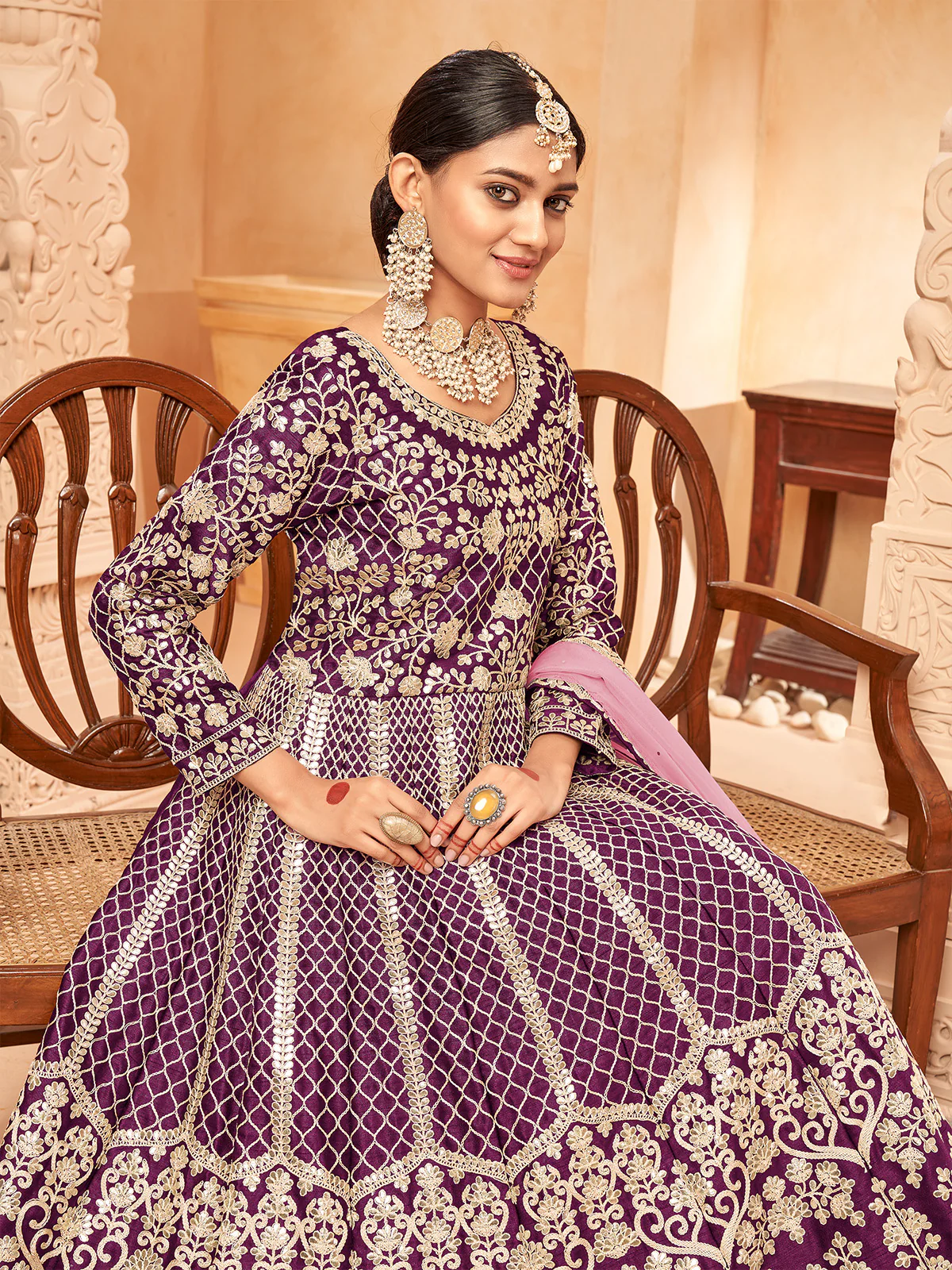 Odette Purple Art Silk Embroidered Semi stitched Kurta Set For Women - Image 3