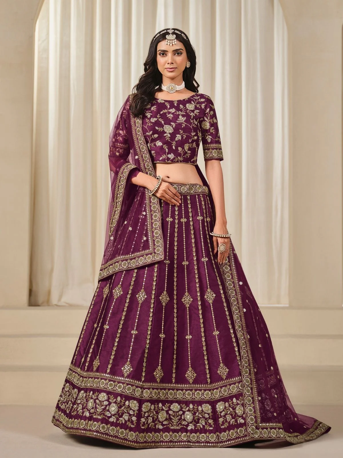 Odette Purple Art Silk Embroidered Semi-Stitched lehenga For Women - Image 2