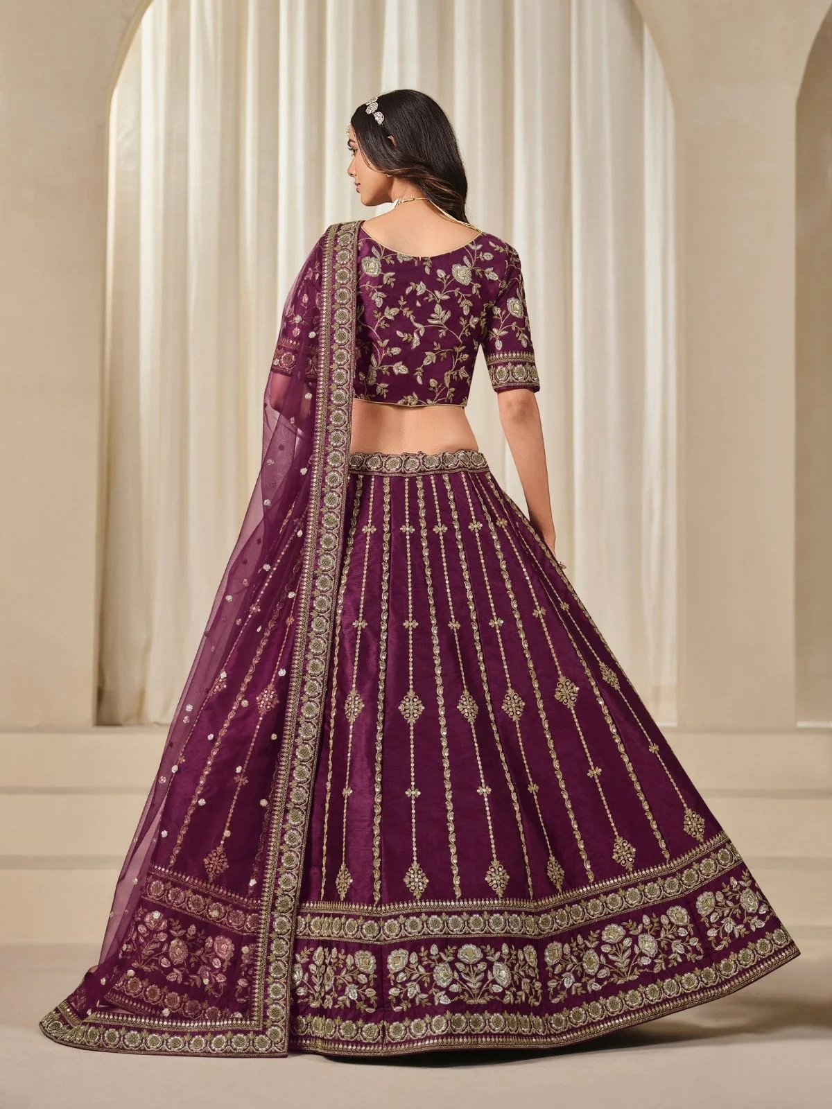 Odette Purple Art Silk Embroidered Semi-Stitched lehenga For Women - Image 3
