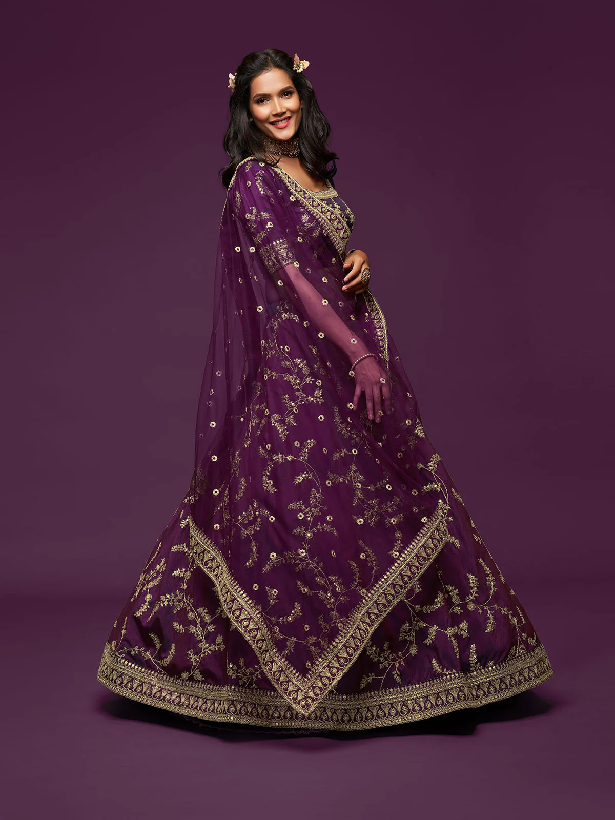 Odette Purple Art Silk Embroidered Semi Stitched Lehenga With Unstitched Blouse For Women - Image 3