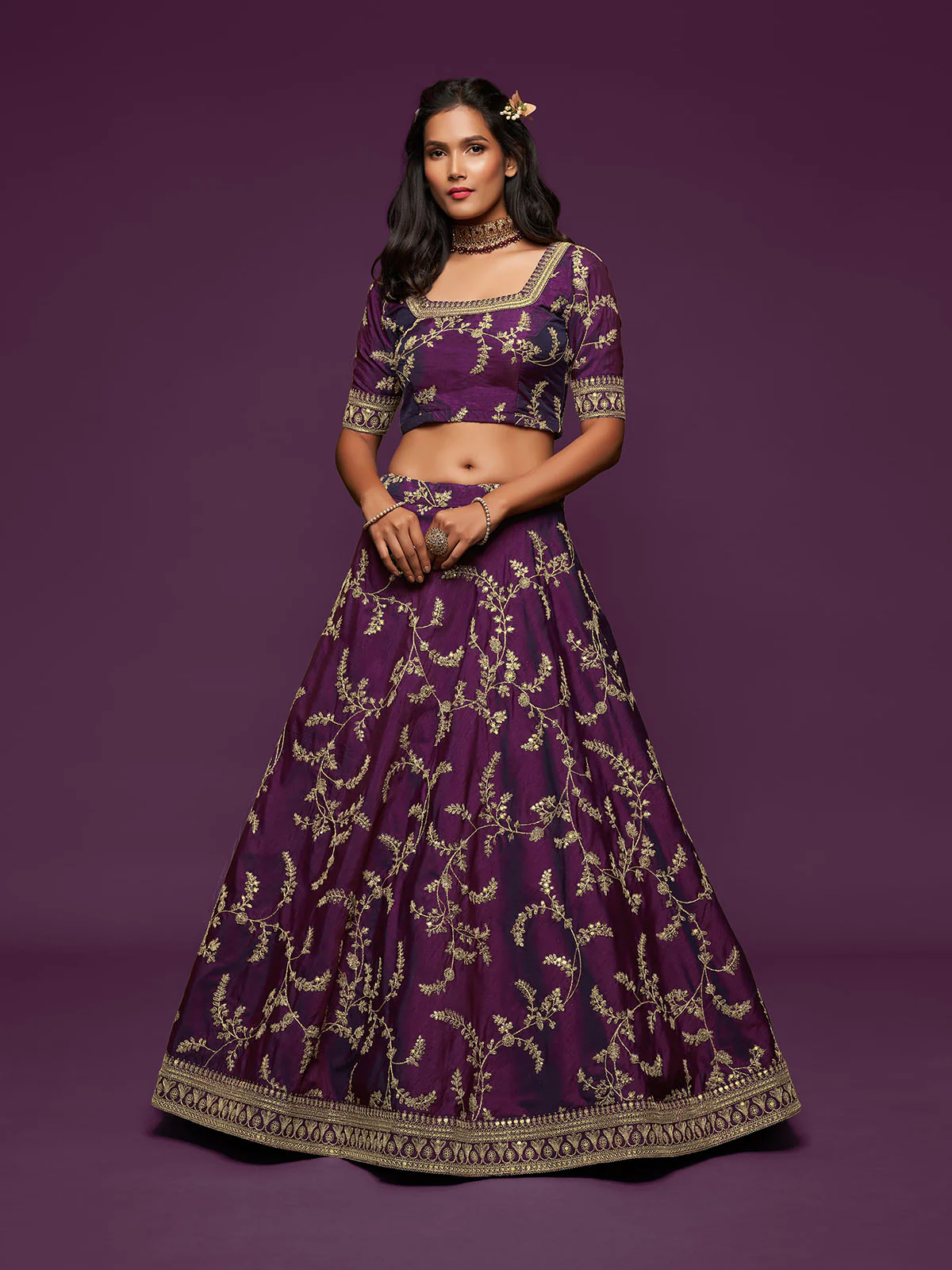 Odette Purple Art Silk Embroidered Semi Stitched Lehenga With Unstitched Blouse For Women - Image 5