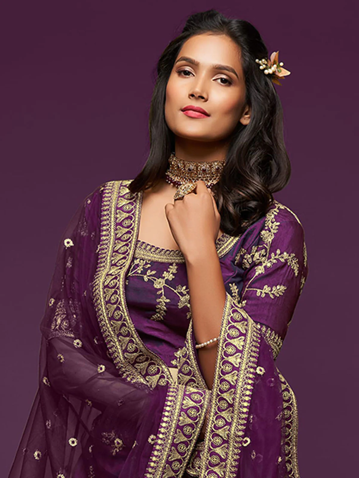 Odette Purple Art Silk Embroidered Semi Stitched Lehenga With Unstitched Blouse For Women - Image 6