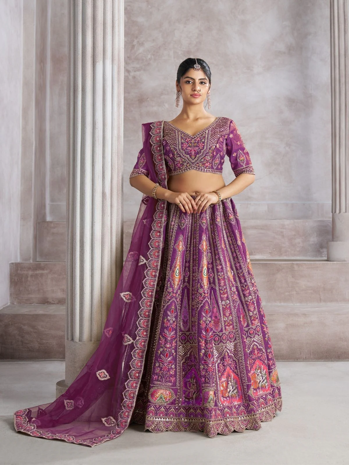 Odette Purple Banarasi Silk Embroidered Semi-Stitched Lehenga For Women
