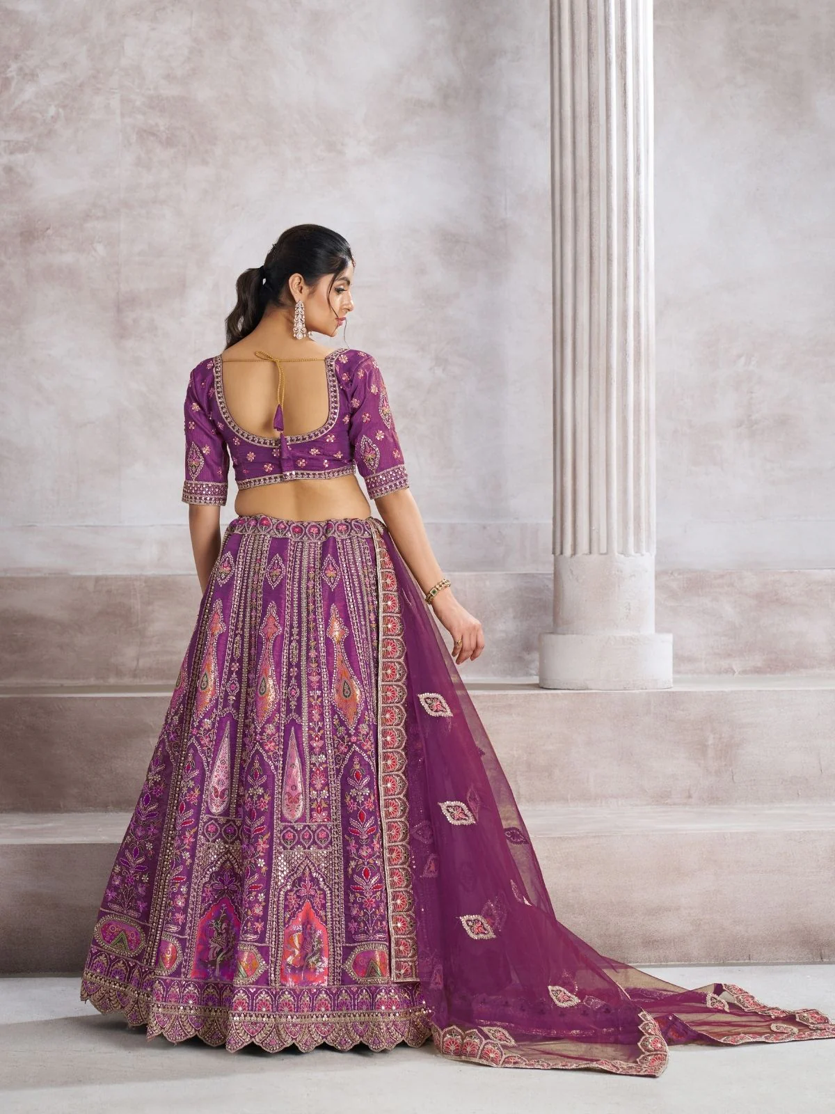Odette Purple Banarasi Silk Embroidered Semi-Stitched Lehenga For Women - Image 2