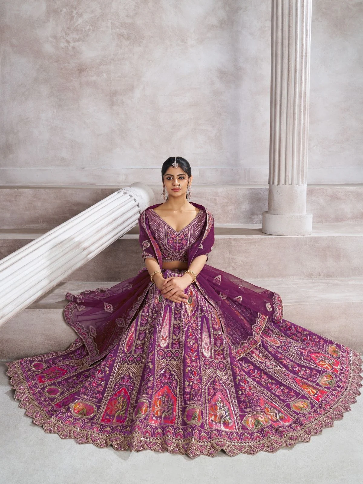 Odette Purple Banarasi Silk Embroidered Semi-Stitched Lehenga For Women - Image 3