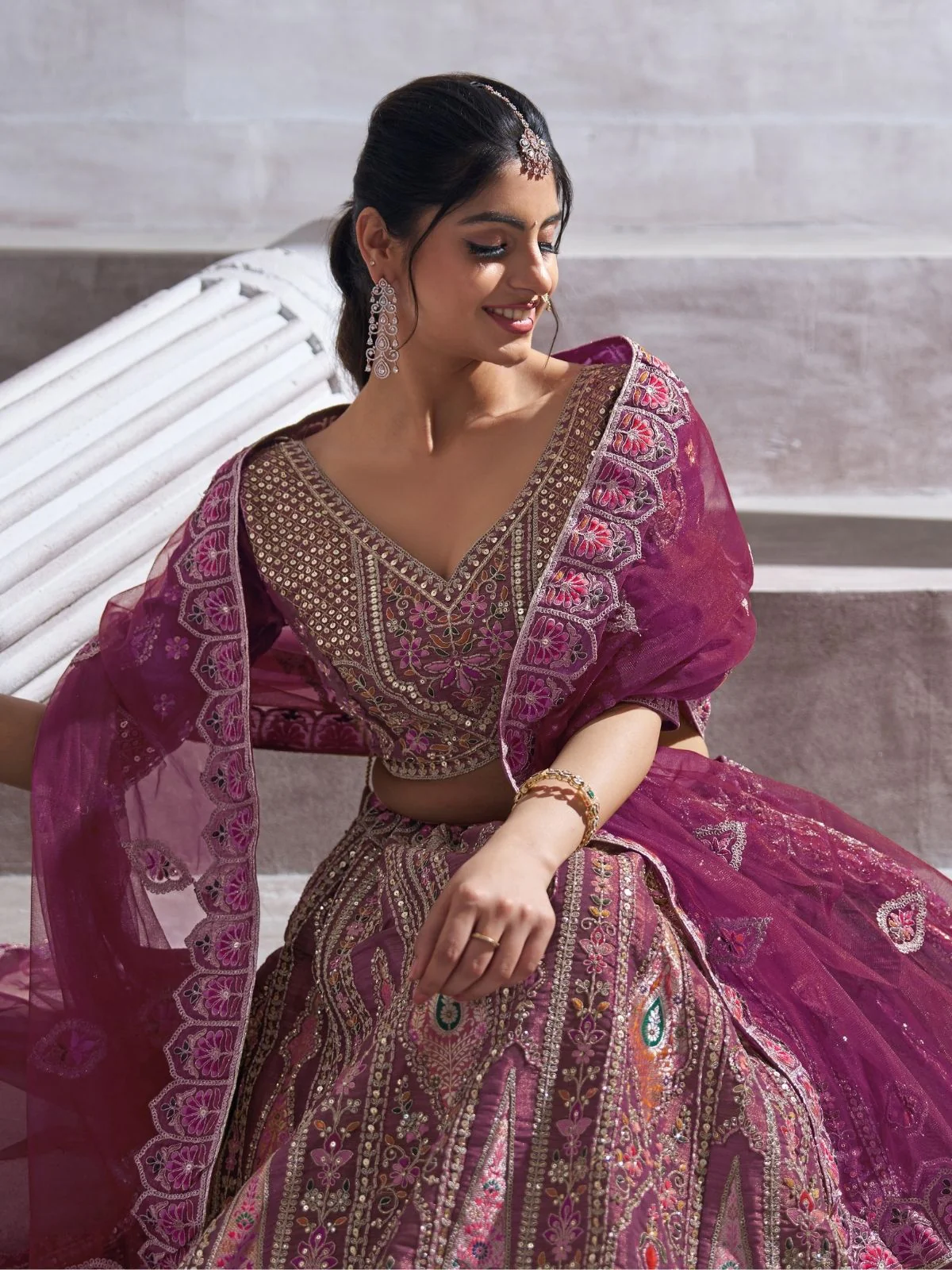 Odette Purple Banarasi Silk Embroidered Semi-Stitched Lehenga For Women - Image 5