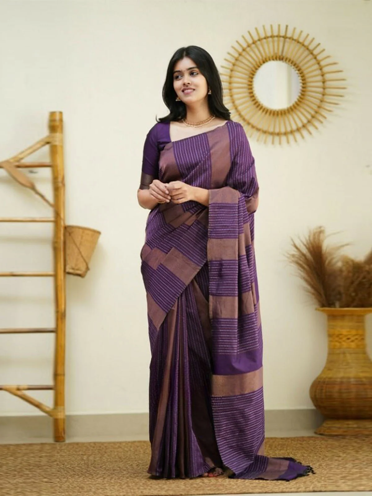 Odette Purple Banarasi Silk Woven Saree With Unstitched Blouse For Women