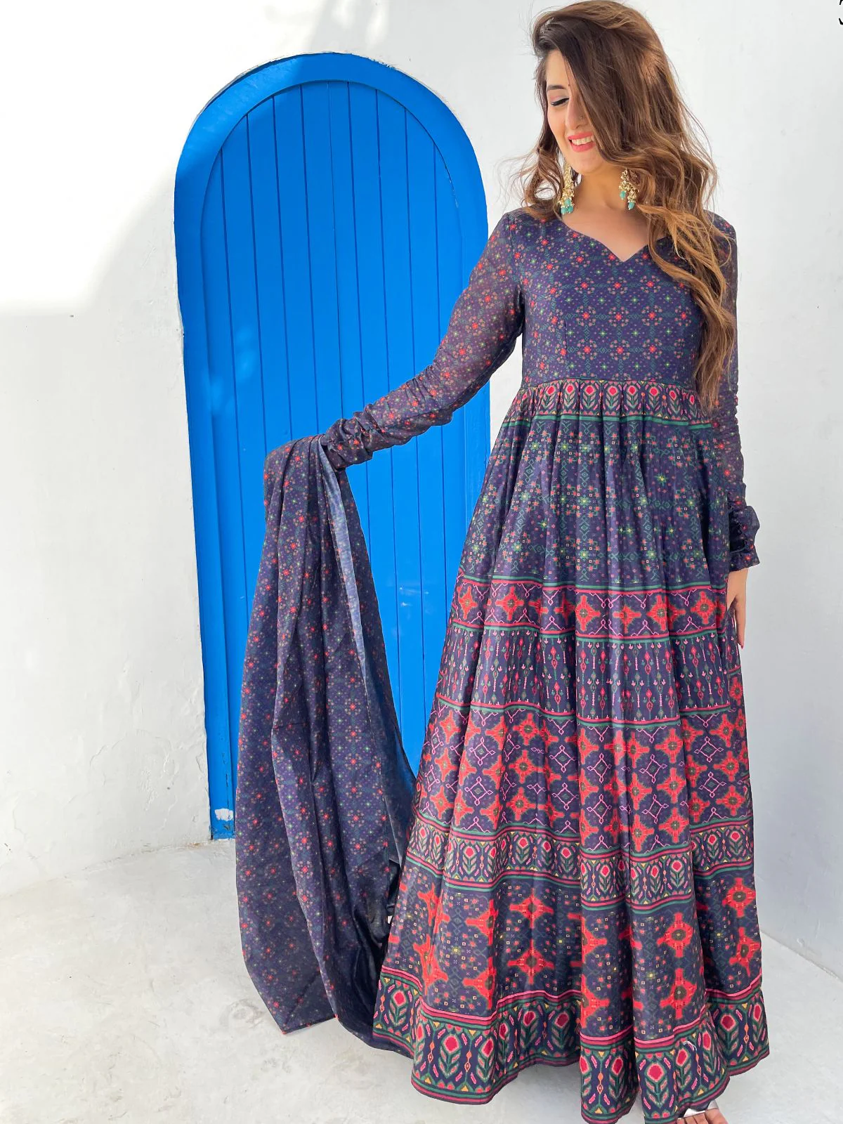 Odette Purple Chanderi Printed Gown with Dupatta For Women - Image 2