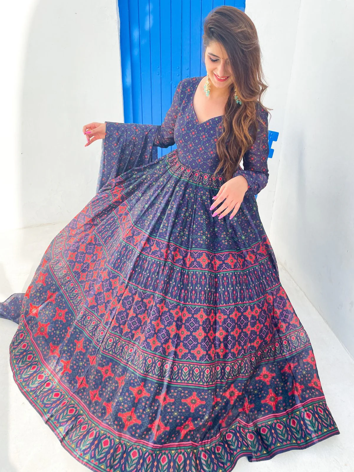 Odette Purple Chanderi Printed Gown with Dupatta For Women - Image 3