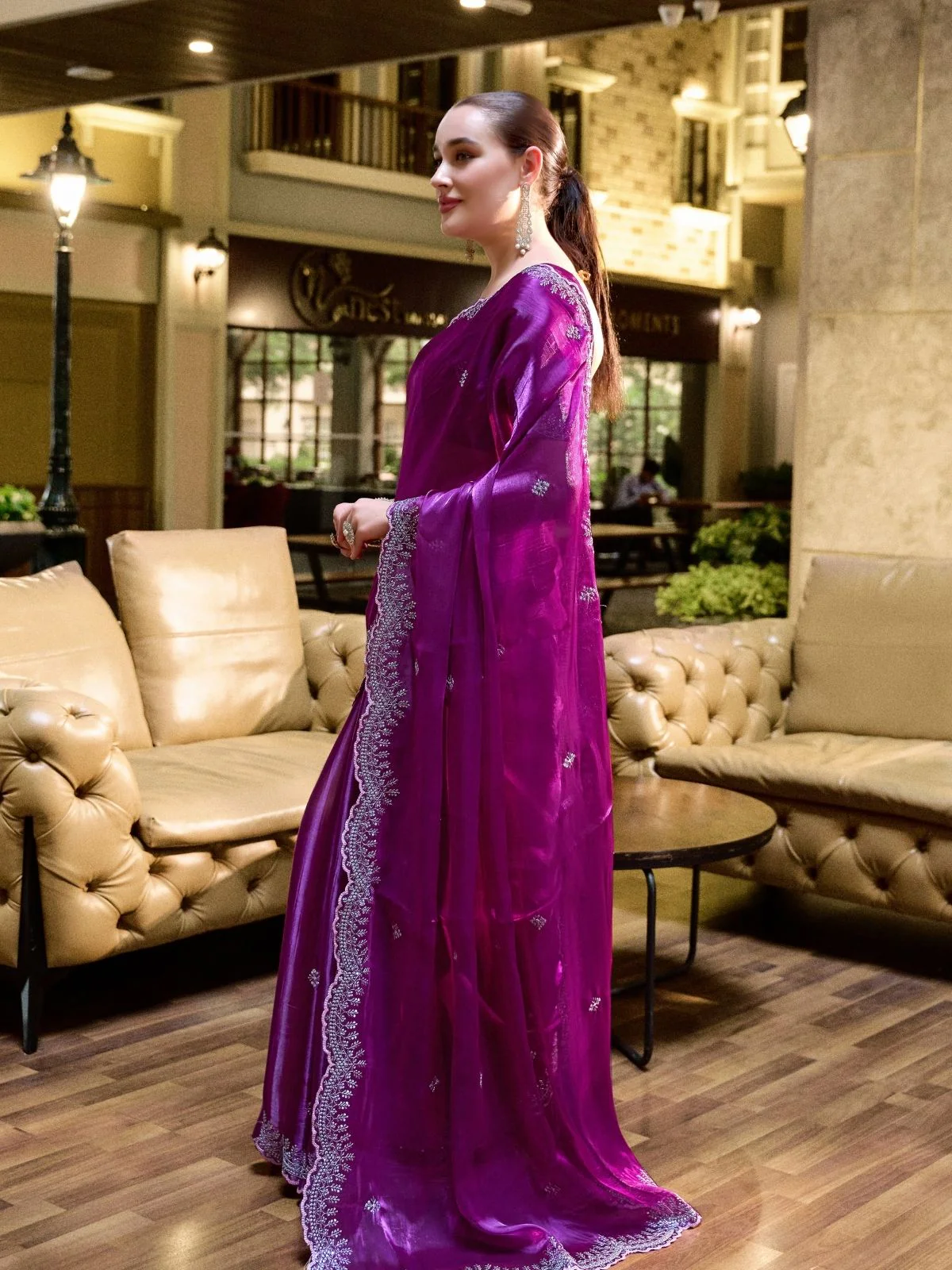Odette Purple Chiffon Embellished Saree For Women - Image 2