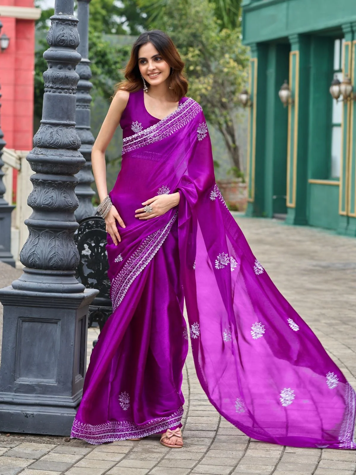 Odette Purple Chiffon Embroidered Saree For Women - Image 4