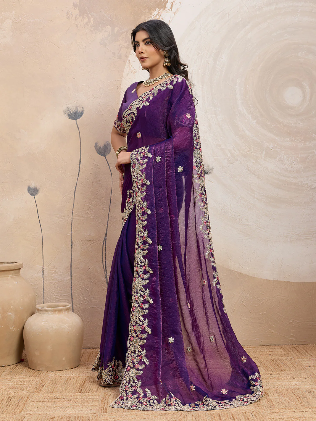 Odette Purple Chiffon Embroidered Saree For Women - Image 2