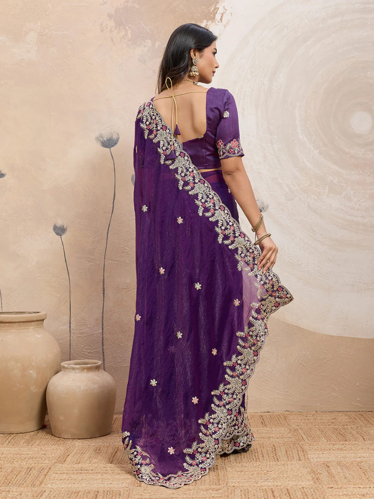 Odette Purple Chiffon Embroidered Saree For Women - Image 3