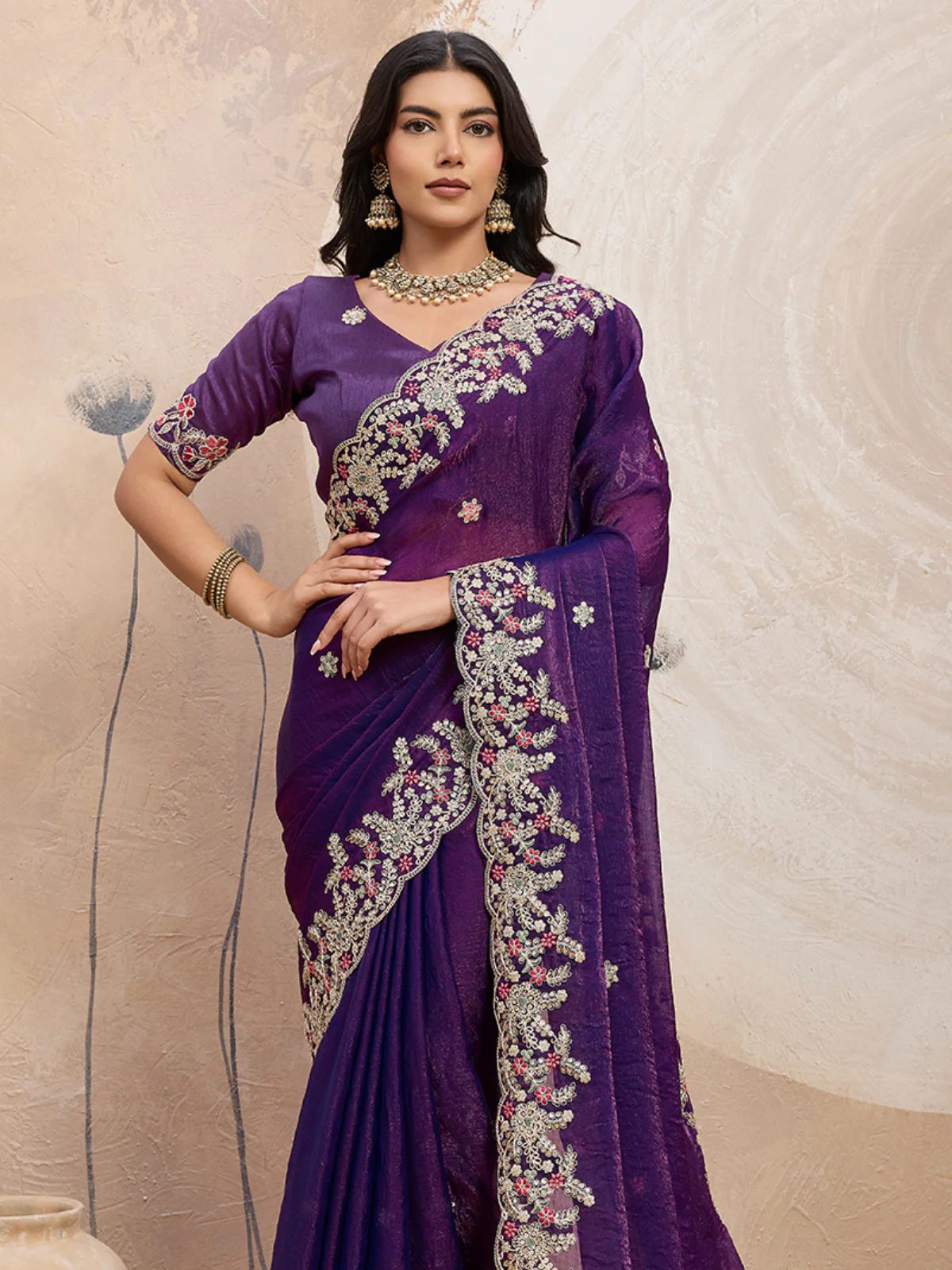 Odette Purple Chiffon Embroidered Saree For Women - Image 4