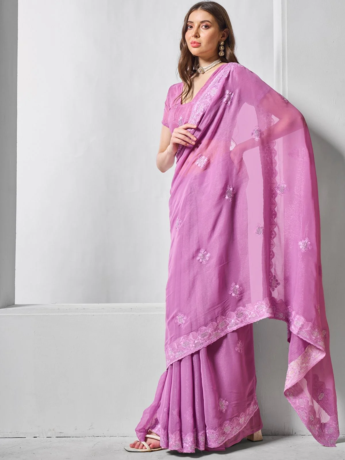 Odette Purple Chiffon Embroidered Saree With Unstitched Blouse For Women - Image 2