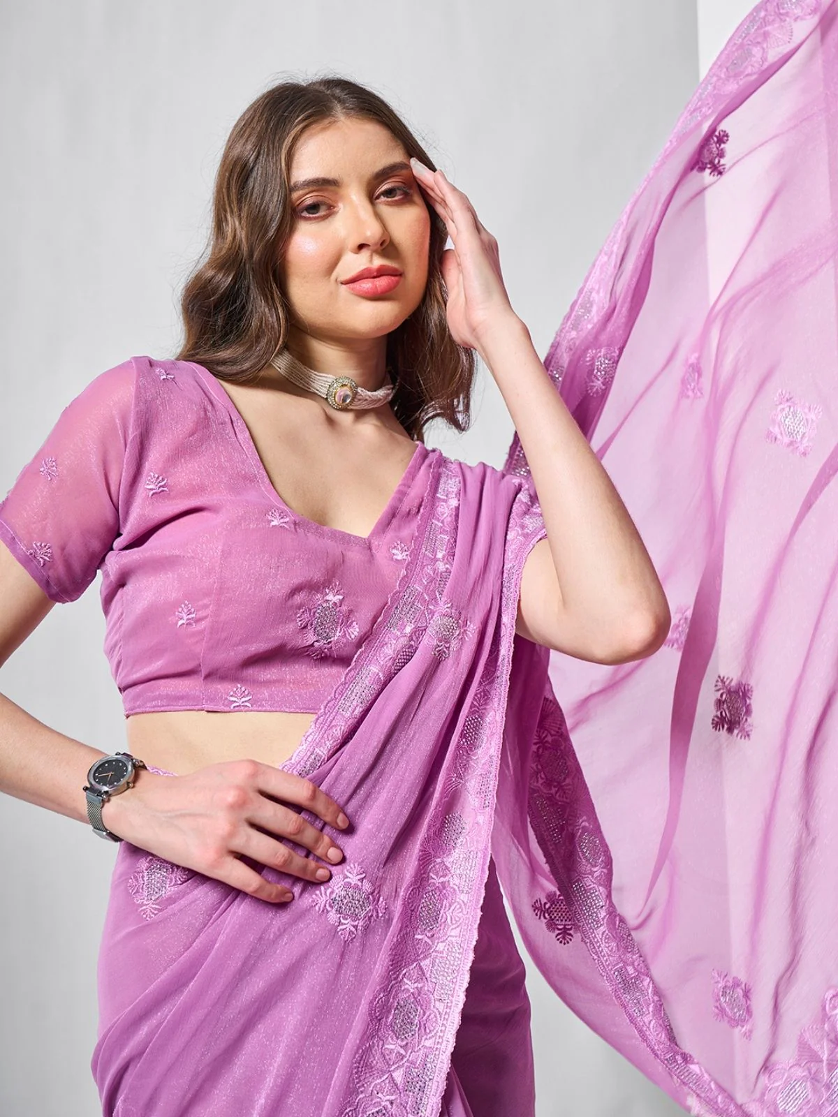 Odette Purple Chiffon Embroidered Saree With Unstitched Blouse For Women - Image 4