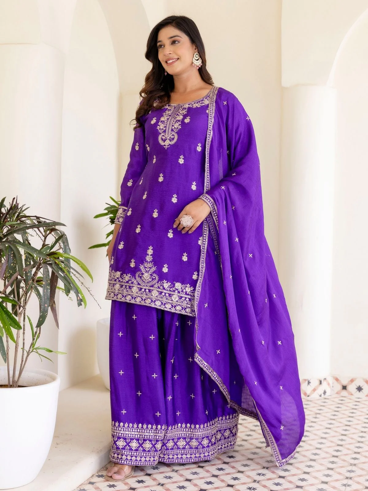 Odette Purple Chiffon Embroidered Stitched Kurta Set For Women - Image 2