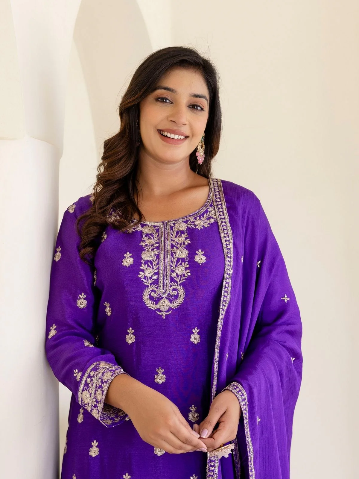 Odette Purple Chiffon Embroidered Stitched Kurta Set For Women - Image 3
