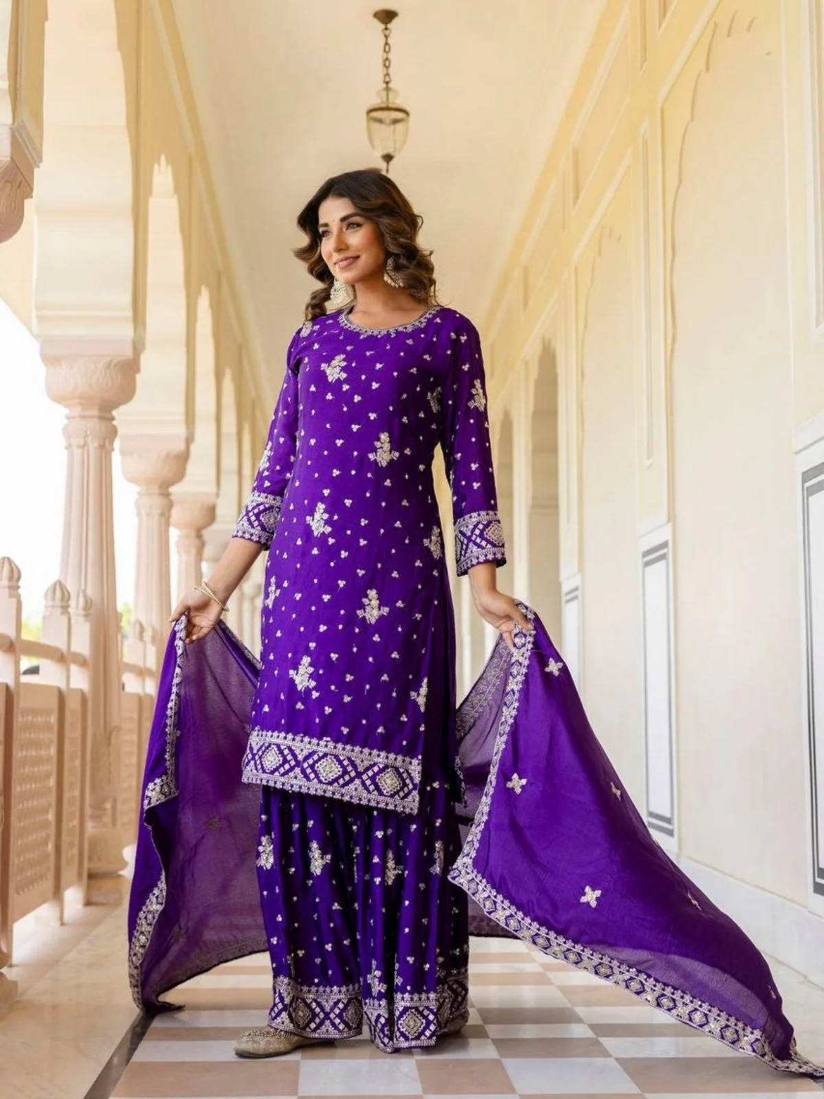 Odette Purple Chiffon Embroidered Stitched Kurta Set For Women - Image 2