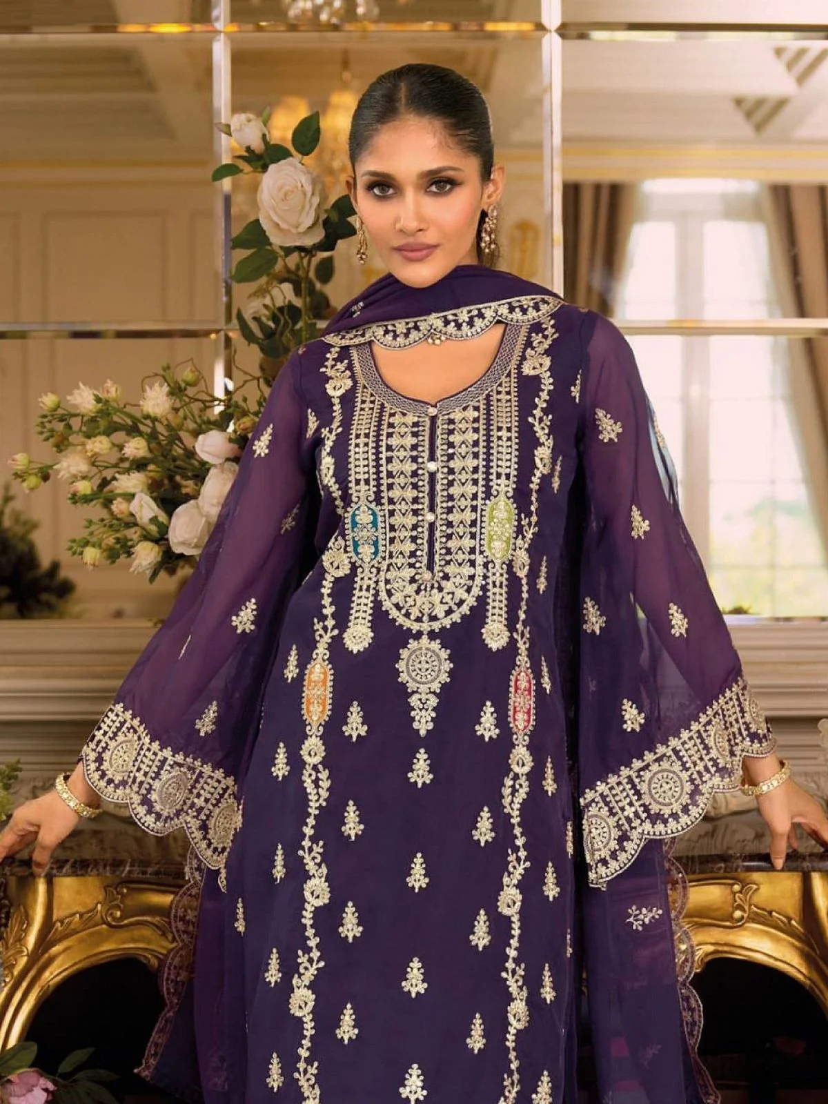 Odette Purple Chinon Embellished Semi Stitched Kurta Set For Women - Image 2