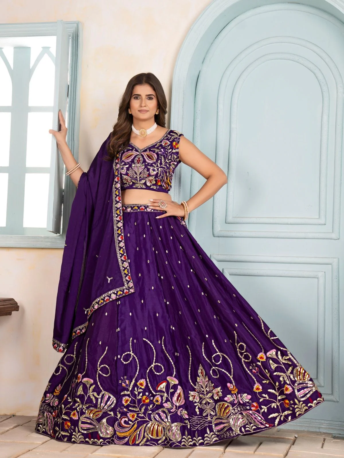 Odette Purple Chinon Embellished Semi Stitched Lehenga For Women - Image 2