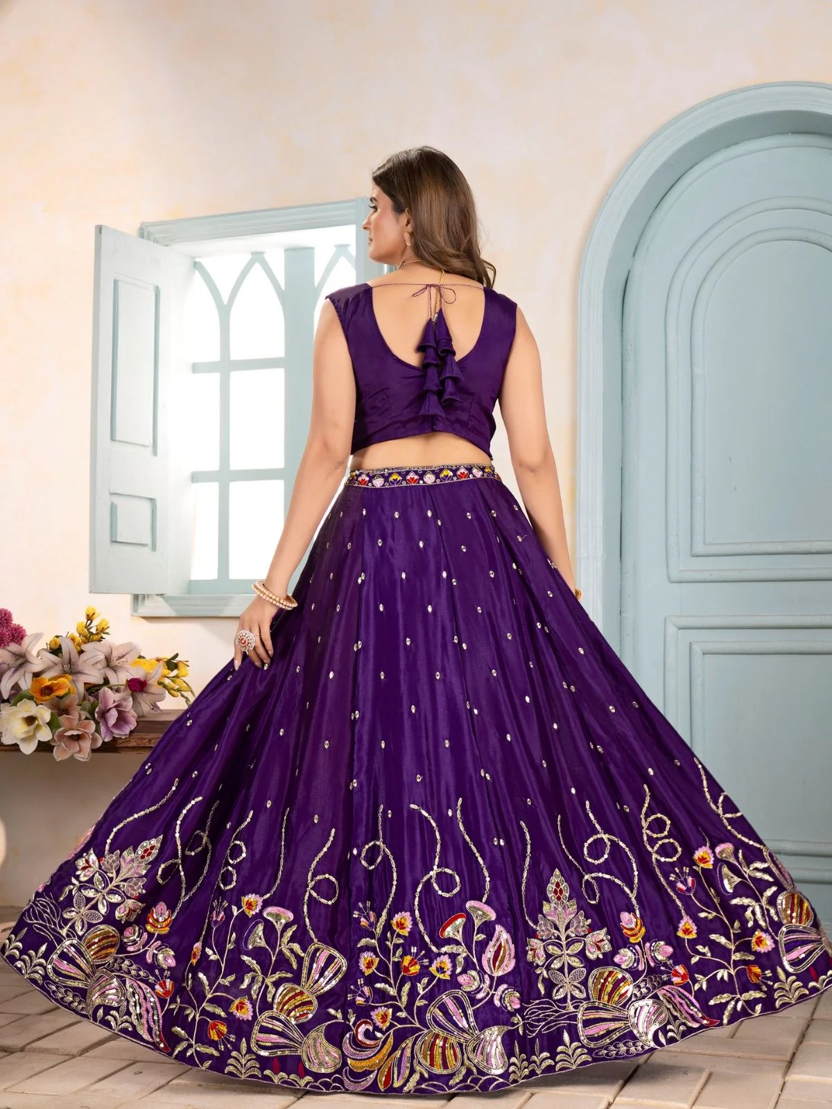 Odette Purple Chinon Embellished Semi Stitched Lehenga For Women - Image 3