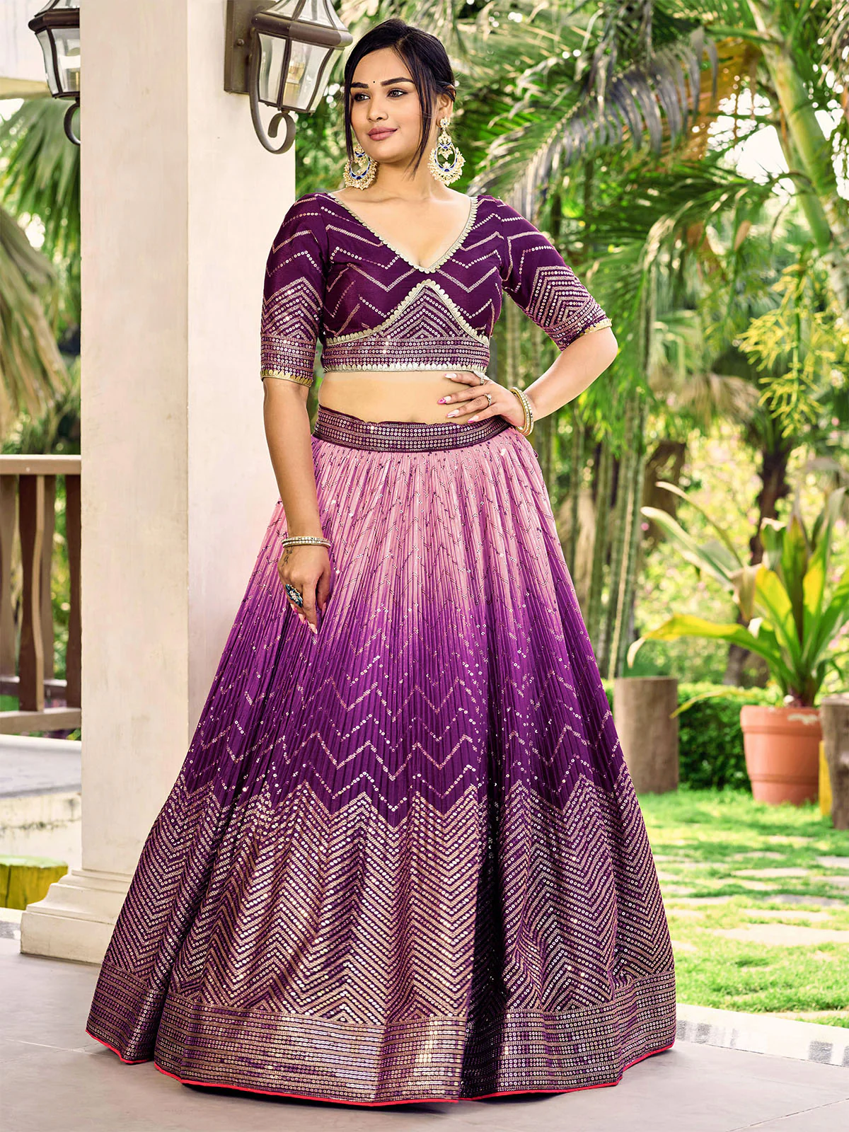 Odette Purple Chinon Embellished Semi Stitched Lehenga With Unstitched Blouse For Women - Image 2