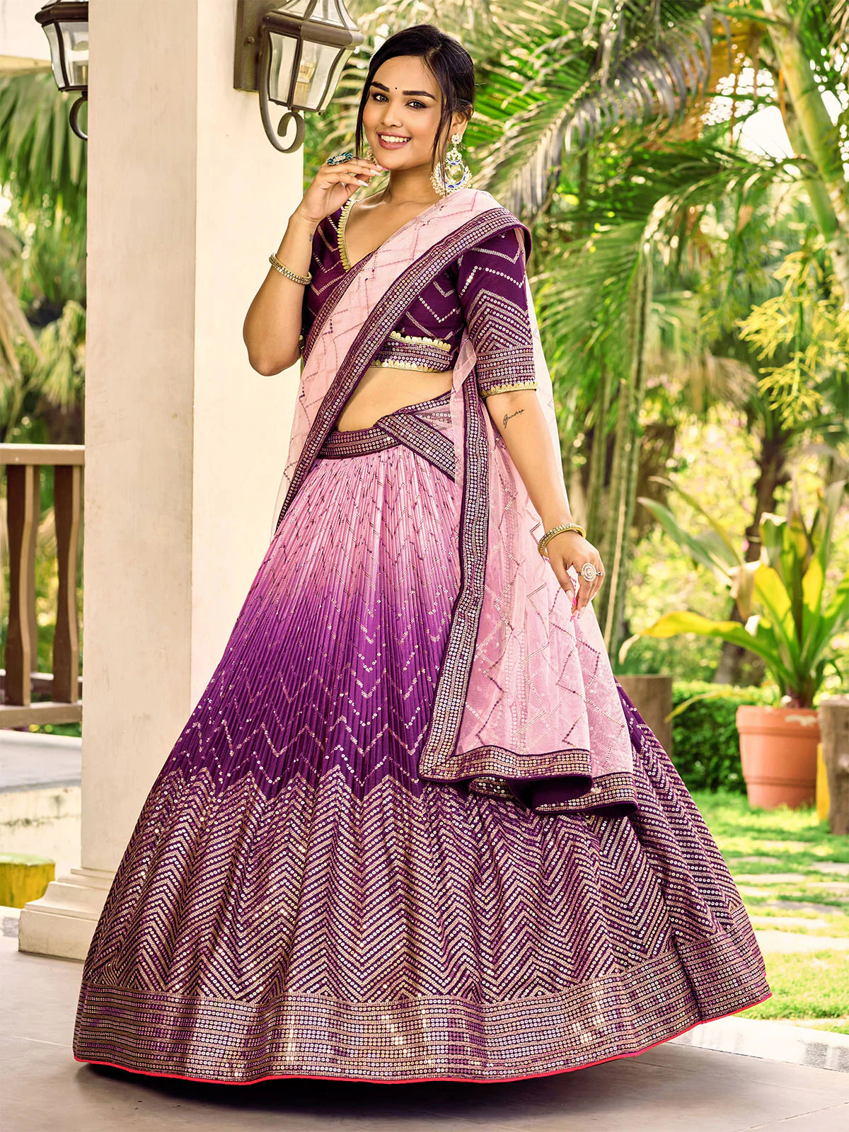 Odette Purple Chinon Embellished Semi Stitched Lehenga With Unstitched Blouse For Women - Image 3