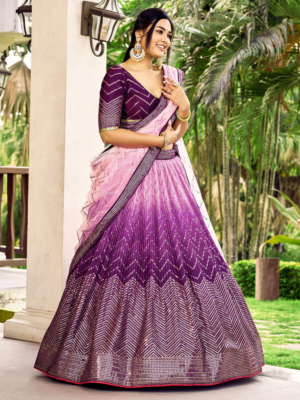 Odette Purple Chinon Embellished Semi Stitched Lehenga With Unstitched Blouse For Women - Image 4