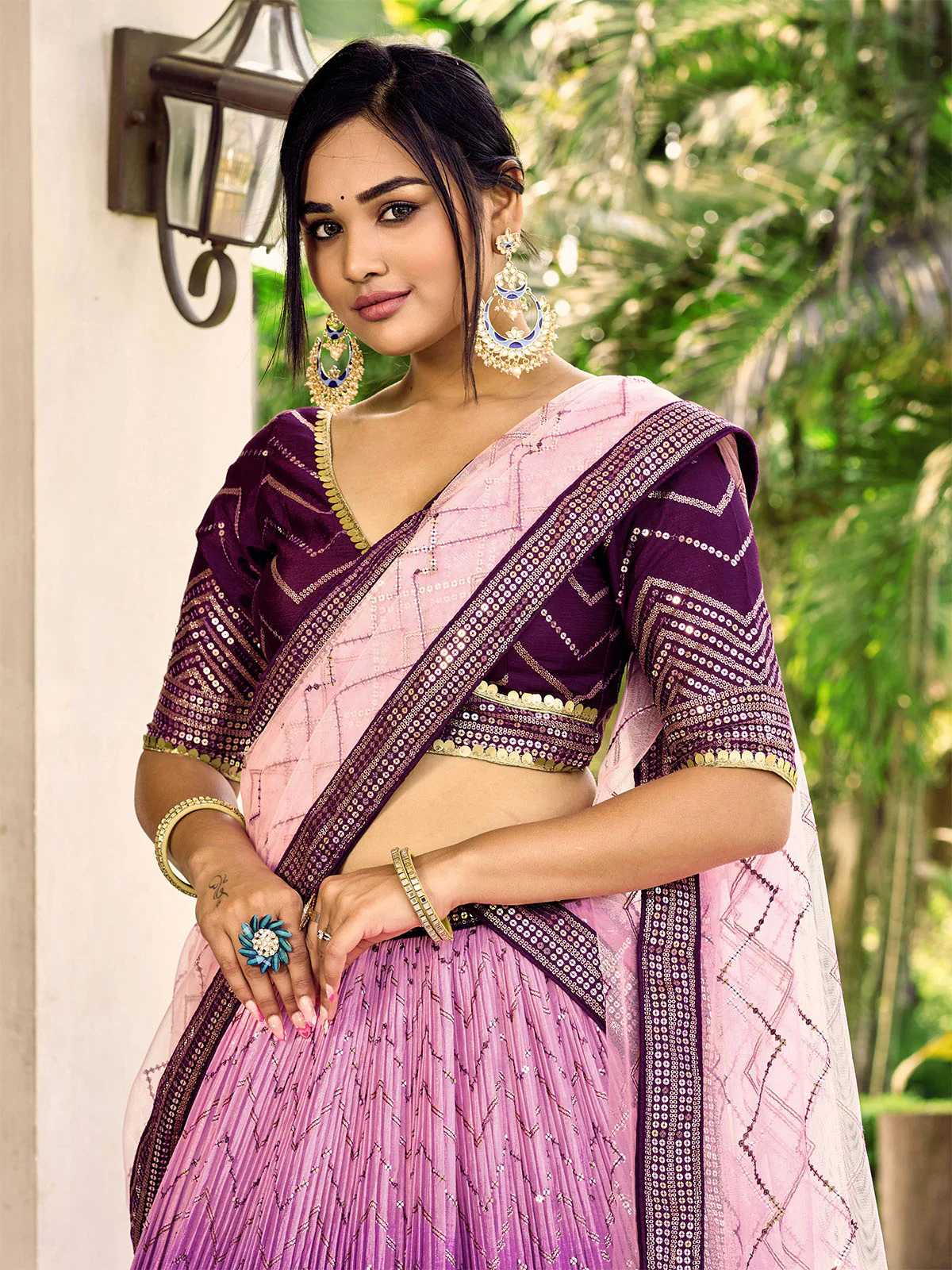 Odette Purple Chinon Embellished Semi Stitched Lehenga With Unstitched Blouse For Women - Image 5