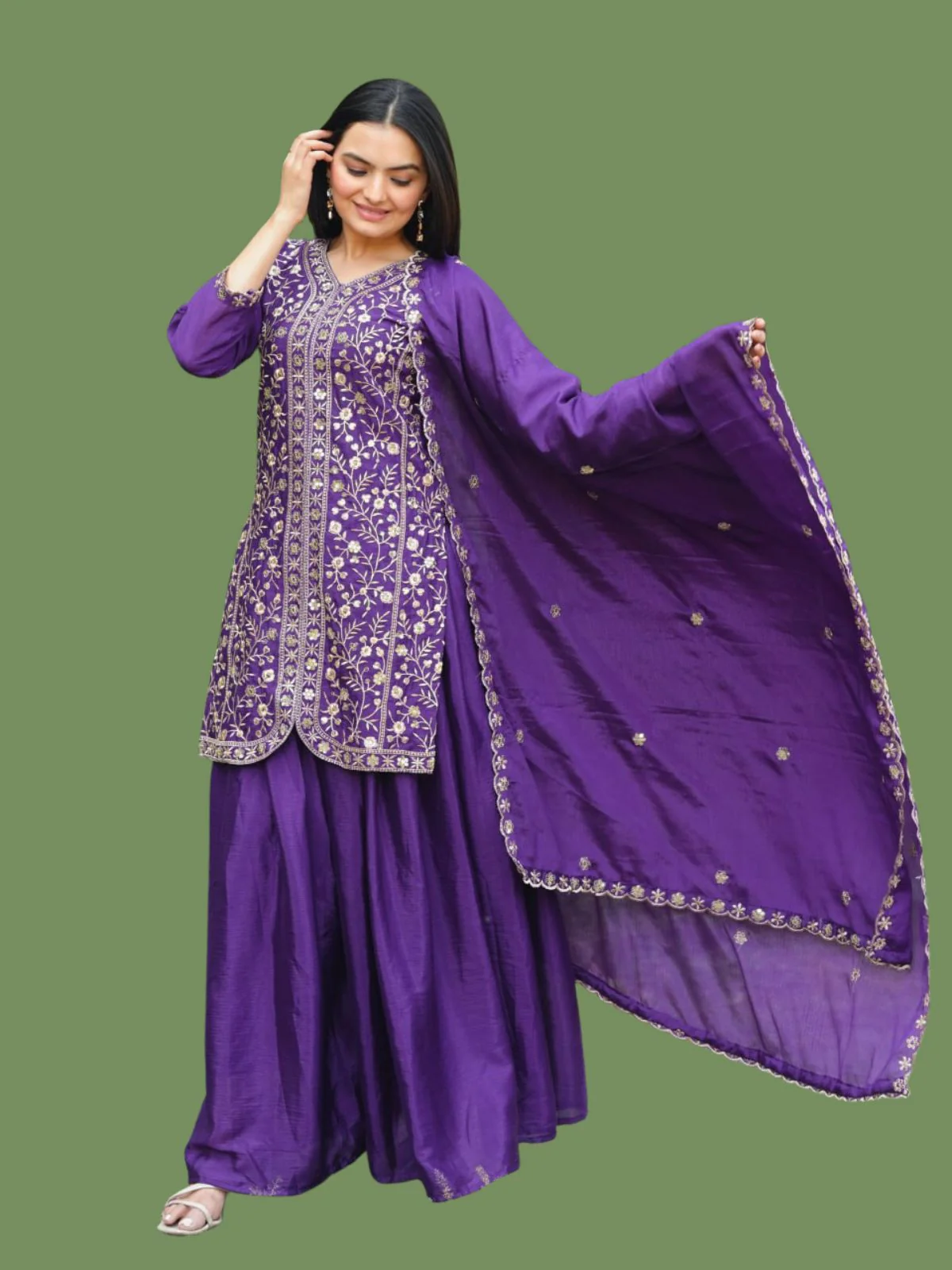 Odette Purple Chinon Embellished Stitched Kurta Set For Women - Image 2