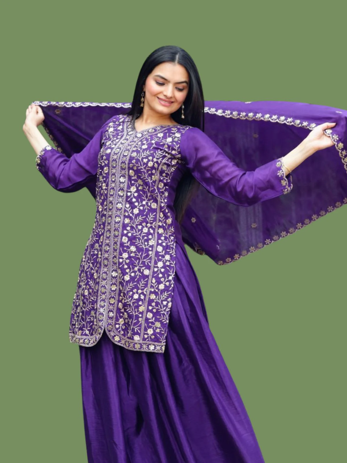 Odette Purple Chinon Embellished Stitched Kurta Set For Women - Image 4