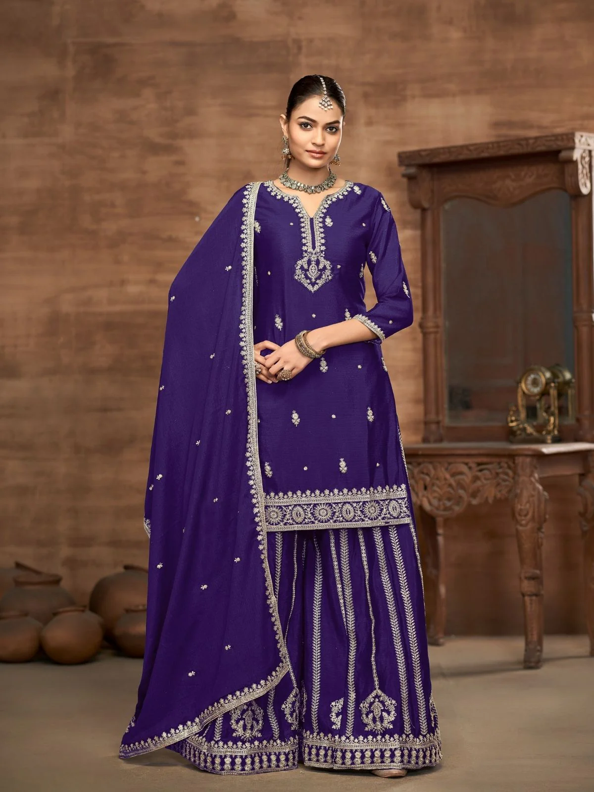 Odette Purple Chinon Embroidered Semi-Stiched Kurta Set For Women - Image 2