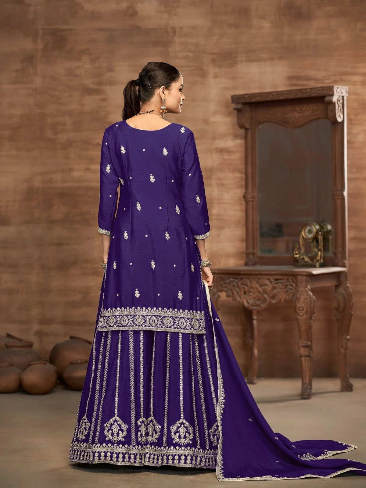 Odette Purple Chinon Embroidered Semi-Stiched Kurta Set For Women - Image 3