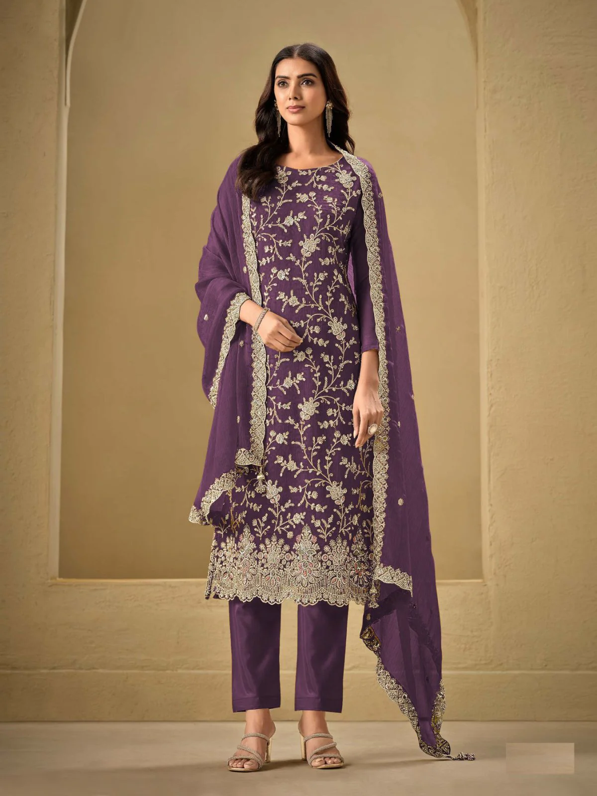 Odette Purple Chinon Embroidered Semi-Stitched Kurta Set For Women