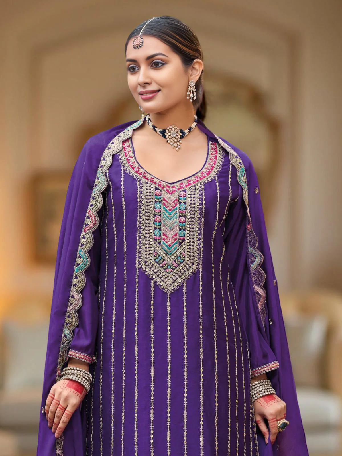 Odette Purple Chinon Embroidered Stitched Kurta Set For Women - Image 2