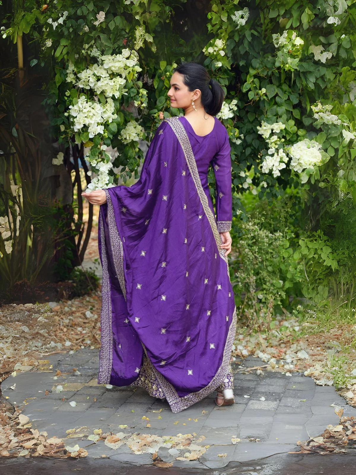 Odette Purple Chinon Embroidered Stitched Kurta Set For Women - Image 3